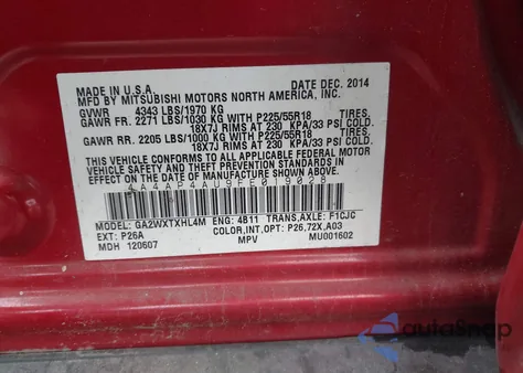 2015 Mitsubishi Outlander Sport Se z USA, uszkodzony, nr VIN 4A4AP4AU9FE019028